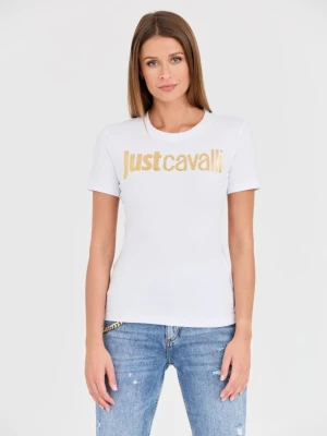 JUST CAVALLI Biały damski t-shirt Logo Gold, Rozmiar XS