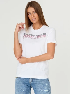 JUST CAVALLI Biały t-shirt R LOGO CRYSTAL
