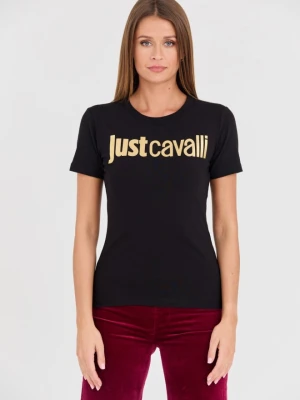 JUST CAVALLI Czarny damski t-shirt Logo Gold, Rozmiar S