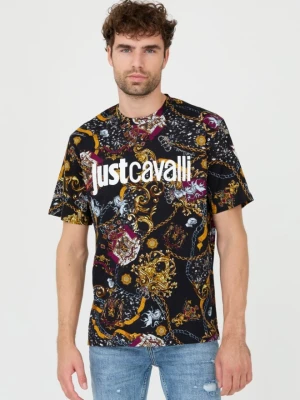 JUST CAVALLI Czarny męski T-shirt R Print Iconic Shields, Rozmiar M