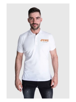 JUST CAVALLI Koszulka polo męska, biała złoto srebrne logo, Rozmiar S