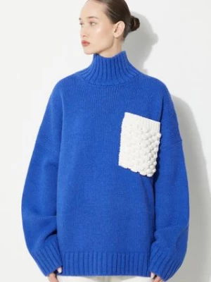 JW Anderson sweter wełniany Textured Patch Pocket Turtleneck Jumper damski kolor niebieski ciepły z golfem KW1150.YN0144.823