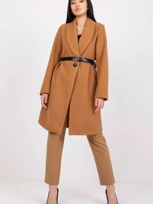 Kamelowy płaszcz damski z kieszeniami Italy Moda