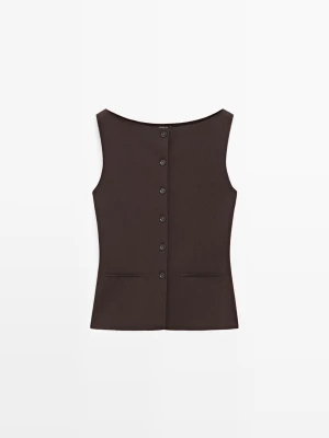 Kamizelka Dzianinowa Z Kieszeniami - Brązowy - - Massimo Dutti - Kobieta