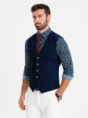 Kamizelka męska bez klap w delikatną kratę - granatowa V1 Ombre Clothing