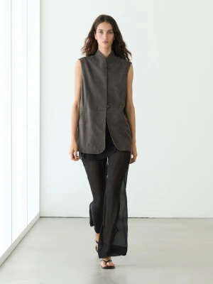 Kamizelka Skórzana Z Aksamitnym Wykończeniem - Szarobrązowy - - Massimo Dutti - Kobieta