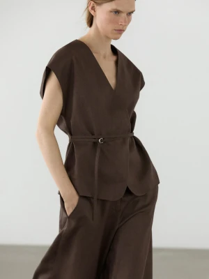 Kamizelka Z Dekoltem Kopertowym Z Mieszanki Lnu - Brązowy - - Massimo Dutti - Kobieta