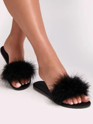 Kapcie czarne z piórami i satynową wyściółką - Marabut POUPEE