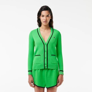 Kardigan Lacoste dekolt w kształcie litery V prążkowana dzianina 3D