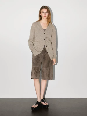 Kardigan Oversize Ze 100% Kaszmiru Z Dekoltem W Serek - Szarobrązowy - - Massimo Dutti - Kobieta