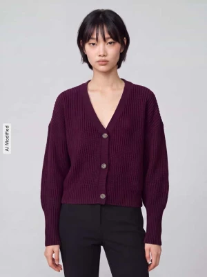 kardigan rozpinany o kroju oversized z dekoltem w serek model 'LEA' Vero Moda Ciemnoczerwony
