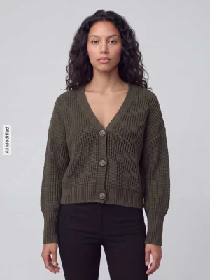 kardigan rozpinany o kroju oversized z dekoltem w serek model 'LEA' Vero Moda Ciemnozielony