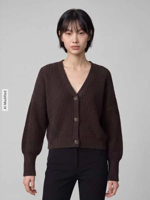 kardigan rozpinany o kroju oversized z dekoltem w serek model 'LEA' Vero Moda Czekoladowy