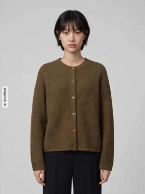 kardigan rozpinany o kroju relaxed fit z mieszanki wełny z domieszką alpaki model 'LULU' Selected Oliwkowy