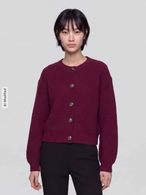 kardigan rozpinany o luźnym kroju z jednorzędową listwą guzikową model 'LEA' Vero Moda Ciemnoczerwony