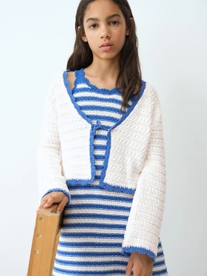 Kardigan z ażurowej dzianiny z wiązaniem kremowy / écru - Dzieci - lata - MANGO KIDS