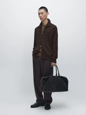 Kardigan Z Bawełnianej Dzianiny W Warkocze, Zapinany Na Suwak - Popielaty Brąz - - Massimo Dutti - Mężczyzna