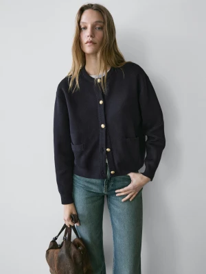 Kardigan Z Bawełnianej Dzianiny Ze Złotymi Guzikami - Granatowy - - Massimo Dutti - Kobieta