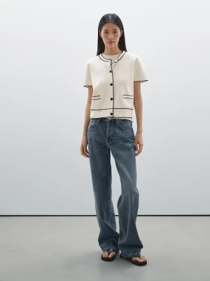 Kardigan Z Cienkiej Dzianiny Z Kontrastowymi Elementami - Surowy - - Massimo Dutti - Kobieta