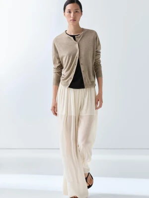 Kardigan Z Cienkiej Dzianiny Z Okrągłym Dekoltem - Beżowy Pop - Massimo Dutti - Female