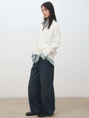 Kardigan z dzianiny z dekoltem w szpic biały - Kobieta - - MANGO