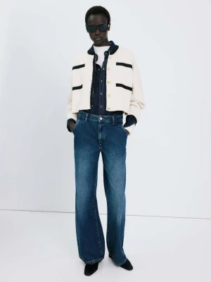 Kardigan z dzianiny z kontrastowymi lamówkami kremowy / écru - Kobieta - - MANGO