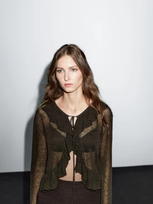Kardigan Z Mieszanki Lnu Z Falbaną - Brązowy - - Massimo Dutti - Kobieta