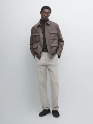 Kardigan Z Mieszanki Wełny Wykonany Ściegiem Jodełkowym - Norkowy - - Massimo Dutti - Mężczyzna