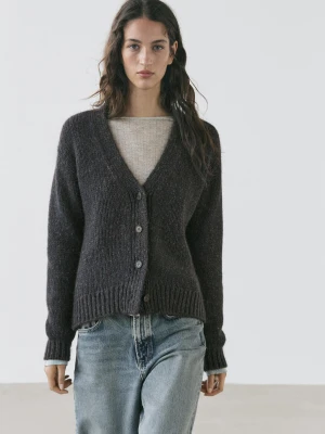 Kardigan Z Mieszanki Wełny Z Dekoltem W Serek - Ciemnoniebieski - - Massimo Dutti - Kobieta