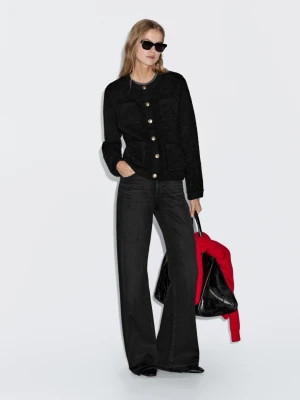 Dzianinowy Kardigan Z Mieszanki Wełny Ze Złotymi Guzikami - Czarny - - Massimo Dutti - Kobieta