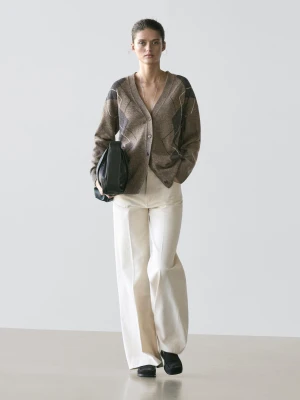 Kardigan Z Wełnianej Dzianiny W Romby - Szarobrązowy - - Massimo Dutti - Kobieta