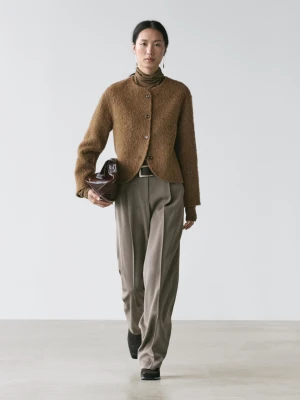 Dzianinowy Kardigan Z Czesanej Wełny I Wełny Z Alpaki - Oliwkowy - - Massimo Dutti - Kobieta