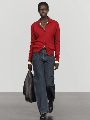 Kardigan Ze 100% Kaszmiru Z Kołnierzykiem Polo - Czerwone Wino - Massimo Dutti - Female