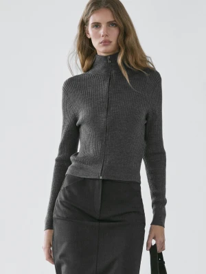 Wełniany Kardigan Na Suwak - Szary Antracytowy - - Massimo Dutti - Kobieta