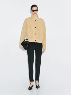 Kardigan Ze 100% Wełny Z Golfem - Oliwkowy - - Massimo Dutti - Kobieta