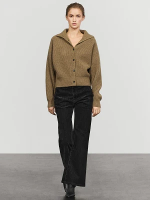 Kardigan Ze Ściegiem Perełkowym, 100% Wełny, Kołnierz Kominowy - Oliwkowy - Massimo Dutti - Female
