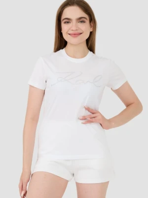 KARL LAGERFELD Biały damski t-shirt Rhinestone Logo, Rozmiar M