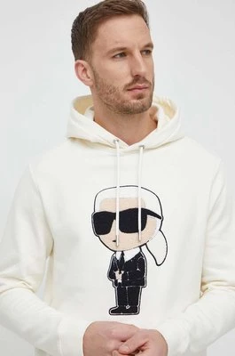 Karl Lagerfeld bluza bawełniana męska kolor beżowy z kapturem z aplikacją