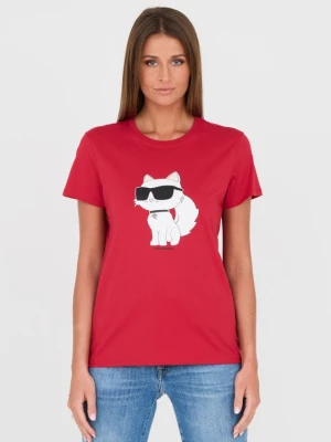 KARL LAGERFELD Czerwony damski t-shirt z kotem, Rozmiar M