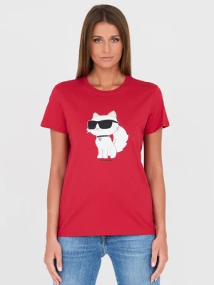 KARL LAGERFELD Czerwony t-shirt z kotem