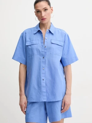 Karl Lagerfeld koszula lniana damska kolor niebieski relaxed z kołnierzykiem klasycznym A2W11012