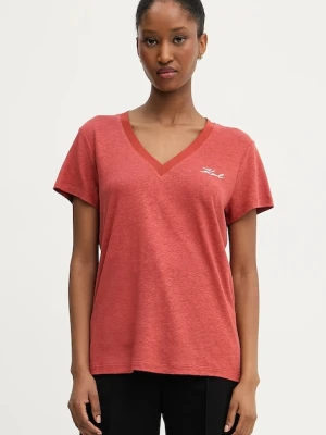Karl Lagerfeld t-shirt lniany damski kolor czerwony A3W17070