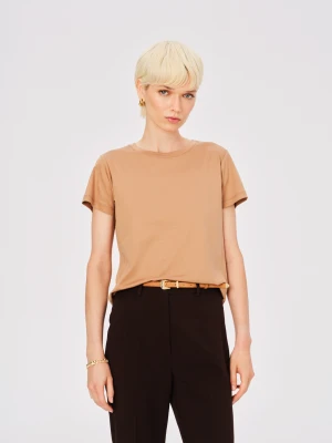 Karmelowa bluzka z krótkim rękawem z dodatkiem lnu i jedwabiu TARANKO
