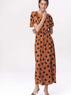 Karmelowa sukienka maxi z rozkloszowanymi rękawami - grochy Merg