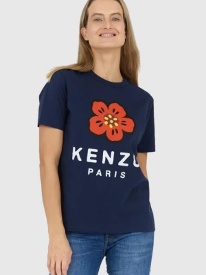 KENZO Granatowy t-shirt damski z czerwonym kwiatem, Rozmiar S