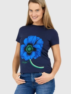 KENZO Granatowy t-shirt damski z niebieskim makiem