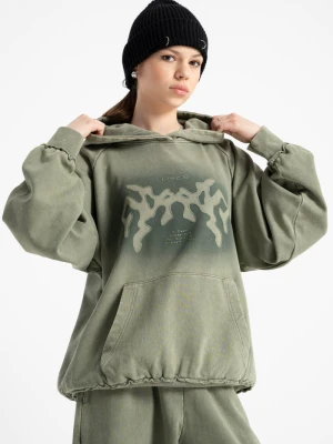 Khaki bluza z kapturem z autorską grafiką z przodu Reporter