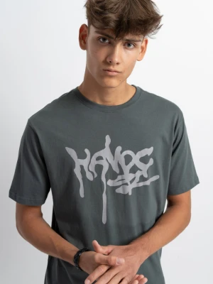 Khaki t-shirt z autorską grafika z przodu Reporter