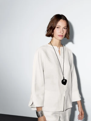 Kimono Button Detail 100% Linen - Biały Złamany - - Massimo Dutti - Female