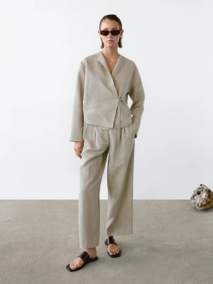 Kimono Z Mieszanki Lnu W Kratkę - Beżowy - - Massimo Dutti - Kobieta
